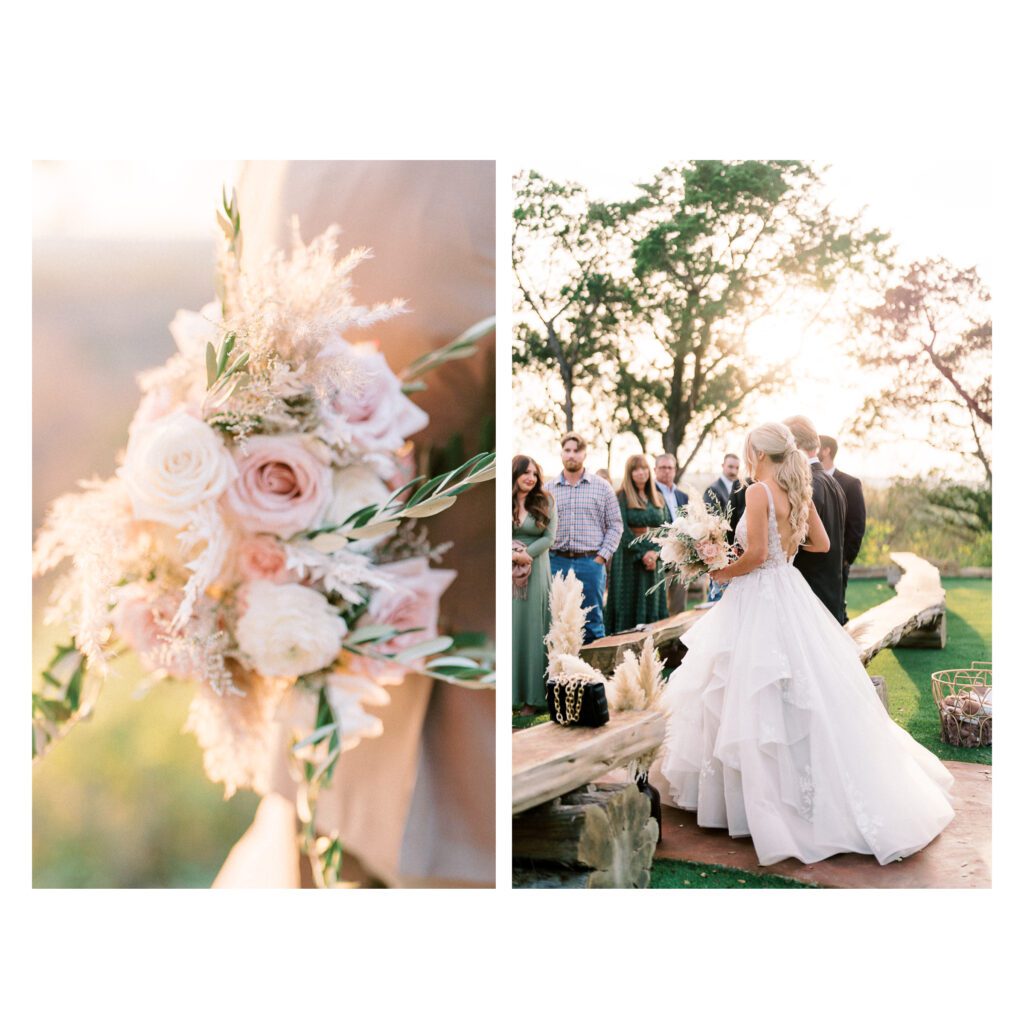 Bridal bouquet with pastel flowers, bride standing at the altar during an outdoor ceremony.