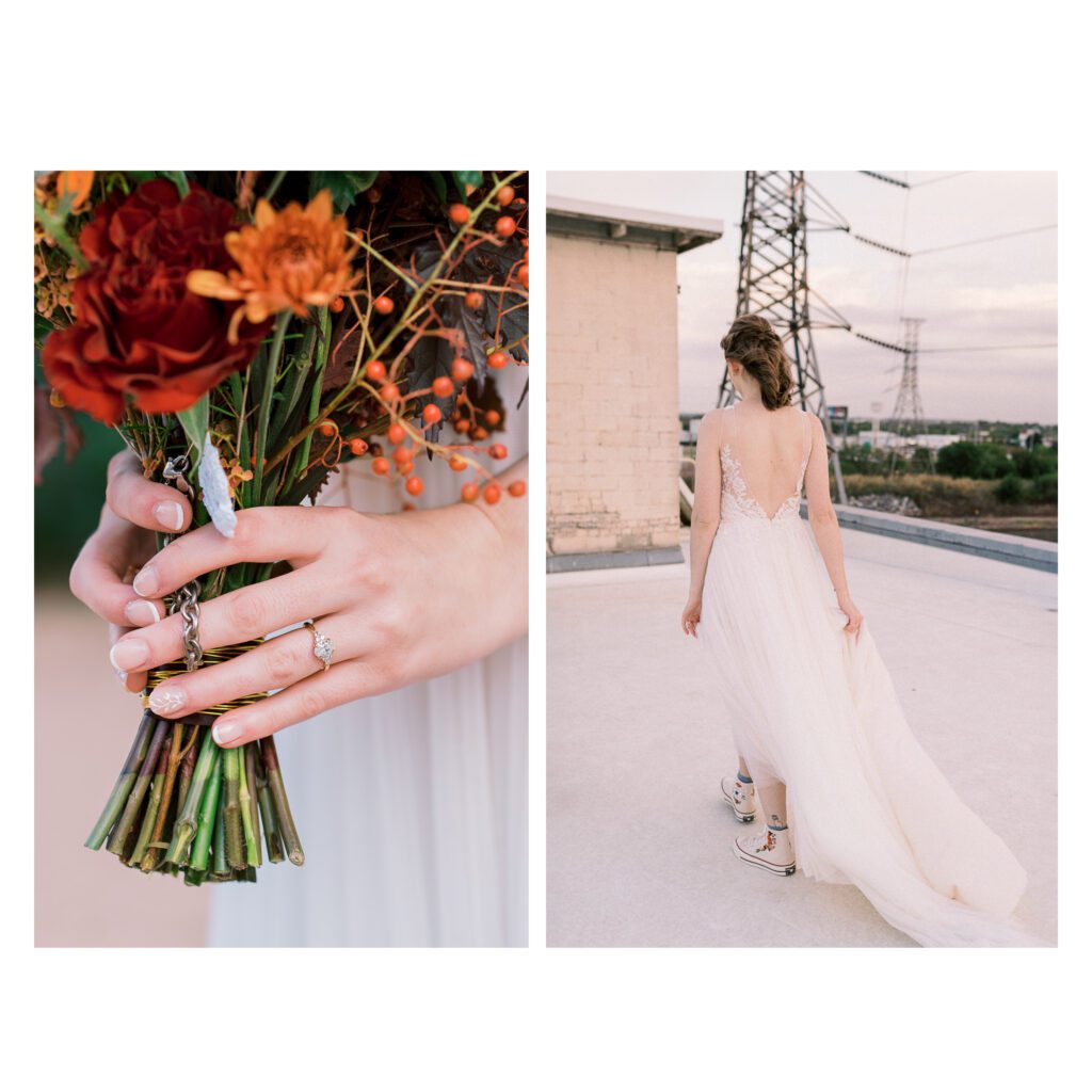 Bridal bouquet with red and orange flowers and berries, bride holding bouquet showing engagement ring, bride walking in lace dress with sneakers.