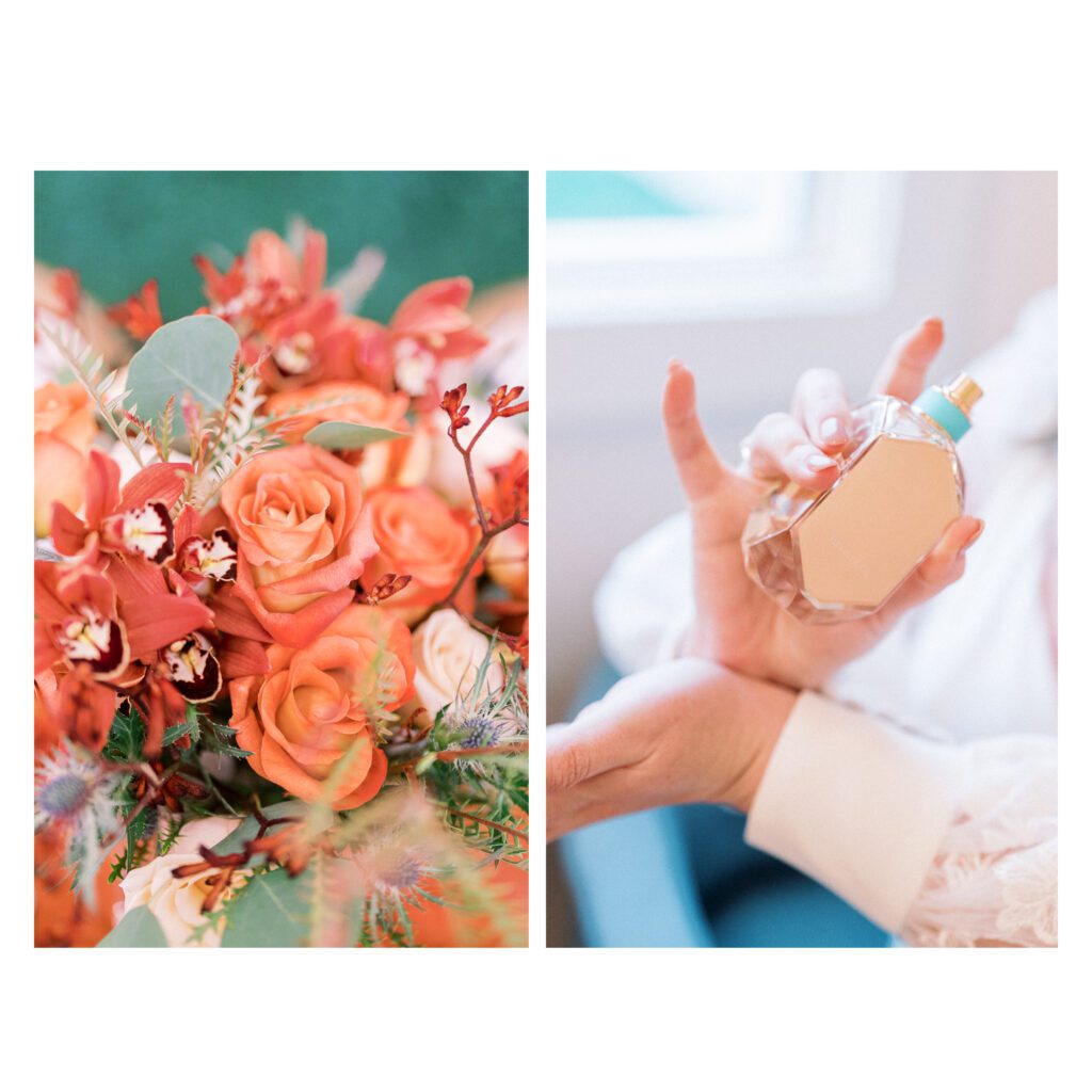 Close-up of autumn wedding bouquet with orange roses and greenery, bride applying perfume.