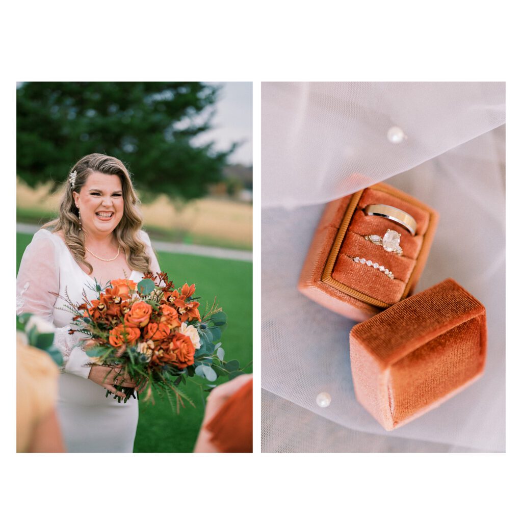 Bride holding an autumn bouquet, close-up of wedding rings in a velvet box.